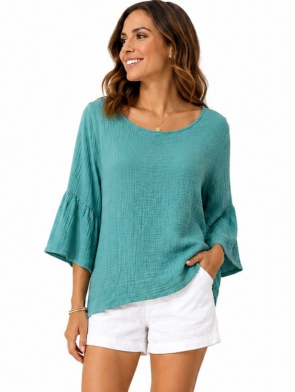 Bryn Walker Aqua Crinkle Gauze Top Size Large Made USA Bell Sleeve 100% Cotton